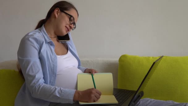 Pomyślnie Pracująca Kobieta Ciąży Laptopem Młody Ledy Ciąży Mówi Rozmowy — Wideo stockowe