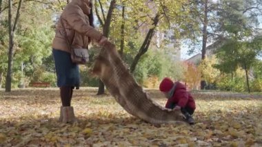Küçük çocukla piknik yapan genç anne bebek bakıcısı yere ekose serpiştiriyor. Sarı Düşen Yapraklar Sepette Kırmızı Elma yiyor. Sonbahar parkındaki Soğuk Hava 'ya bakın. Çocukluk, Aile, Sonbahar.