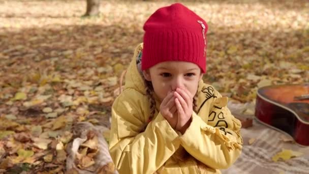 かわいいプリスクール赤い帽子の小さな女の子は彼女の手を暖め 秋の公園でカメラの寒さを見てバスケットで遊んだ黄色の落ち葉で暖かく彼女の手のひらに息を吹きます 子供の頃 秋のコンセプト — ストック動画