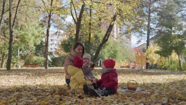 年轻的母亲保姆带着三个小孩坐在毛毯上在公园里野餐 孩子们在秋天的公园里吃糖果和黄色落叶 — 图库视频影像