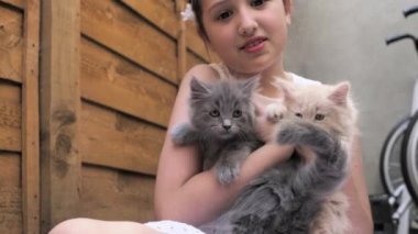 Evcil hayvan ve sahibi arasında dokunaklı bir an. Tüylü bej bir kedi yavrusu kollarında otururken sahibini burnundan öper. Küçük liseli kız bahçede kedilerle oynuyor..