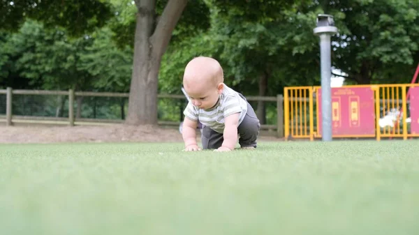 ピクニックをする幸せな家族 小さな赤ちゃんは緑の草の上を這っている 夏は公園で 兄弟姉妹緑の公園で遊ぶ子供たち プレイグラウンドでの家族の楽しさと喜び アクティブな息子はフィールドで裸足で這う — ストック写真