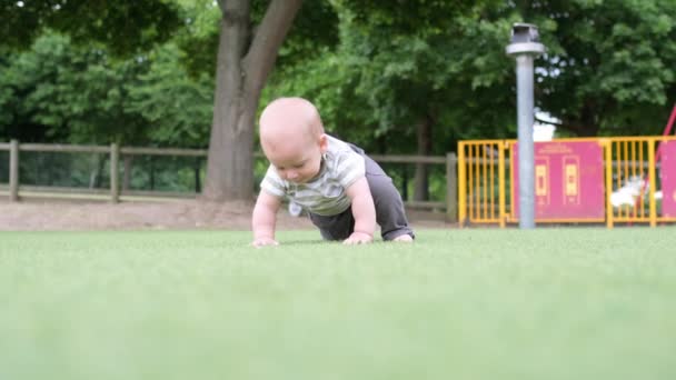 ピクニックをする幸せな家族 小さな赤ちゃんは緑の草の上を這っている 夏は公園で 兄弟姉妹緑の公園で遊ぶ子供たち プレイグラウンドでの家族の楽しさと喜び アクティブな息子はフィールドで裸足で這う — ストック動画