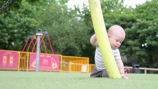 Glückliche Familie Beim Picknick Das Kleine Baby Krabbelt Auf Grünem — Stockvideo