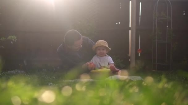 緑の草で果物を食べる赤ちゃんを保持する幸せな若い陽気な母親 裏庭で愛を持って屋外で遊んでママ愛らしい幼児 両親を持つ小さな子供 生態学的概念 — ストック動画