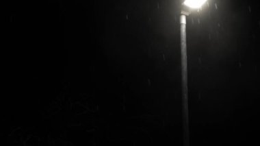 Birleşik Krallık 'taki ilk kar yağışı örtüsü kara arka planda. Gece Yolu 'ndaki Lambanın Işığında Düşen Kar Taneleri Kış, Yavaşça Düşen Kar Etkisi. Hava Durumu, Anomali, Acil Durum Konsepti.