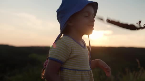 かわいい就学前の赤ちゃんの女の子と男の子は日没前に背の高い草の中の山の上で羽で遊ぶ 畑の牧草地を歩く子供 山の上の幸せな子供 子供時代自然生活夏のコンセプト — ストック動画