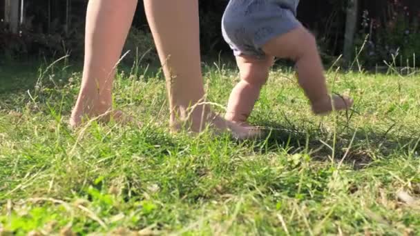 Baby Takes First Steps Grass Mom Walks Son Nature Kid — Stockvideo