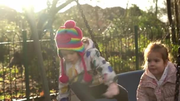 Cute Pretty Children Rides Balancing Swing Little Kids Preschool Laughing — Stock Video