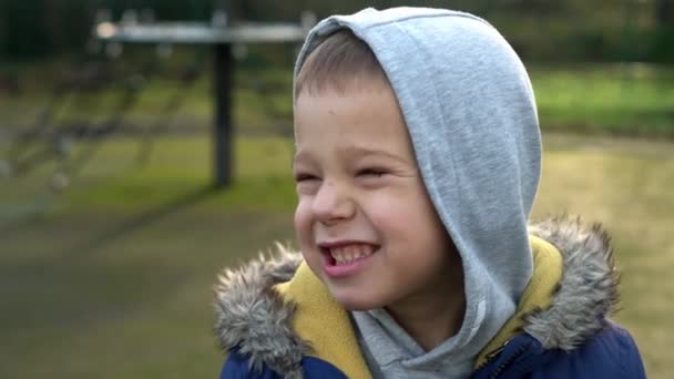 Lemoties Gezicht Kleine Jongen Outdoor Portret Gelukkige Familie Kind Droom — Stockvideo