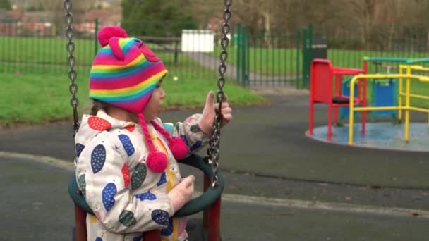 Cute Pretty Children Rides Balancing Swing Little Kids Preschool Laughing — Stock Video