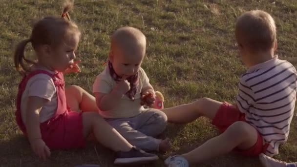 People Park Happy Family Silhouette Sitting Grass Sunset Mom Three — Vídeo de Stock
