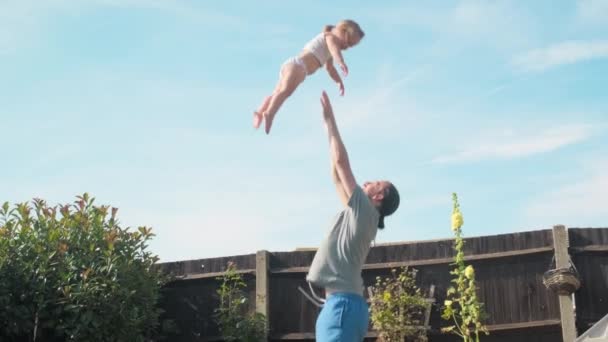 Happy Family Father Baby Enjoying Summer Holidays Garden Park Dad — Stock Video