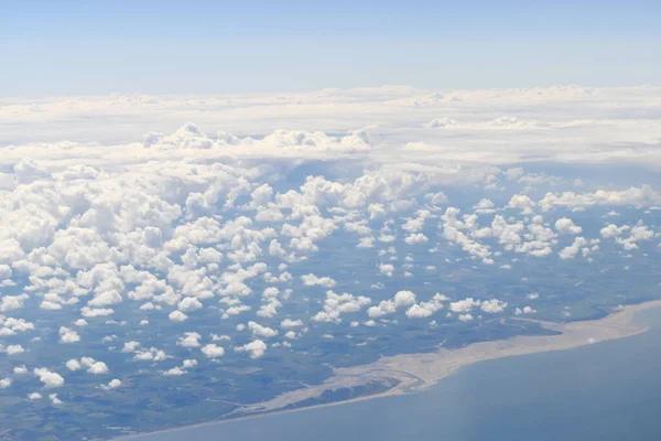 Viewed High Altitude Throughout White Clouds Floating Green Land Coast — Stock Photo, Image