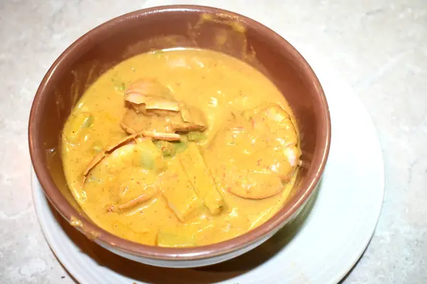 Thai Tradition Panang Curry King Prawns Bowl White Plate Easy — Stock Photo, Image