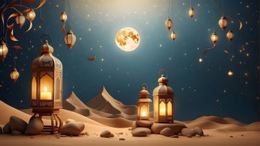 Fener, çöl, kum tepeleri ve hilal ile Ramazan kareemi soyut arka plan