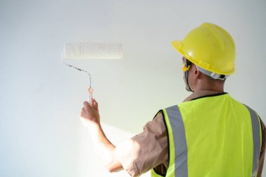 Men paint indoor color with roller paint on white background