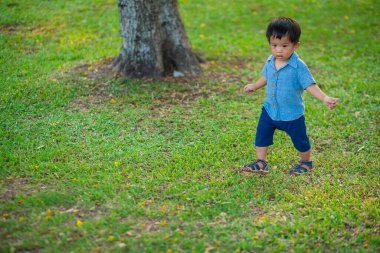 Küçük çocuk şehir parkında gezintiye çıktı.
