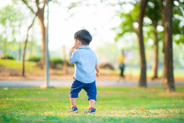 stock image Toddler boy playing freedom walk in city park boy with outdoor activity