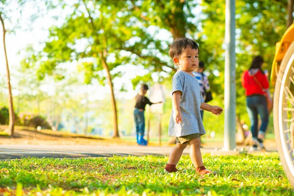 Chlapec Chůze Zelené Trávě Městském Parku Západ Slunce Světlo Chlapec — Stock fotografie