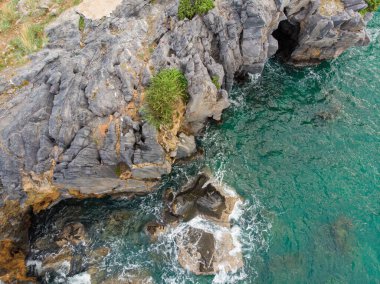 Aerial view seashore wave on rocky cliff nature landscape