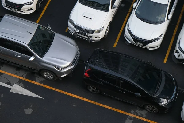 stock image Aerial view car parking lot row in condominium on asphalt road transport indutry