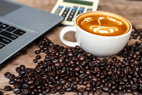 Hot Latte Art Coffee Wood Table Laptop Calculator Work Space — Stock Photo, Image