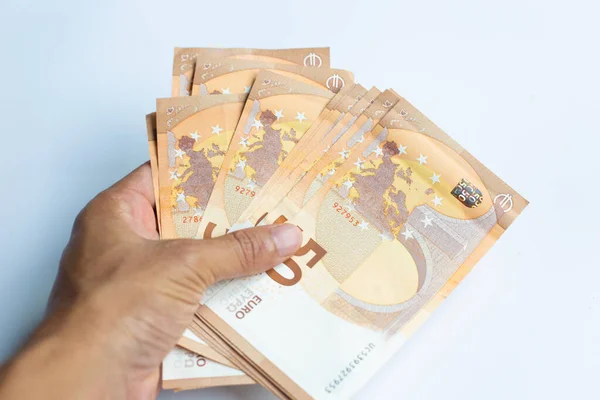 Men Hand Hold Euro Bundle Money White Background — Stock Photo, Image