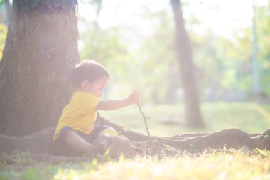 2 yaşındaki Asyalı çocuk yeşil çimen parkında oynuyor. Dışarıda rahatla.