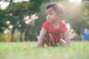 2 yaşındaki Asyalı çocuk yeşil çimen parkında oynuyor. Dışarıda rahatla.