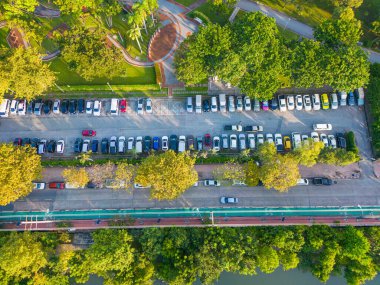Aerial view transport city road through tree park with vehicle ecology transport