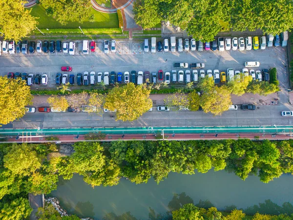 stock image Aerial view transport city road through tree park with vehicle ecology transport