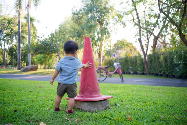 Toddler Азиатский Мальчик Играет Траве Городском Общественном Парке Закат Легкой — стоковое фото