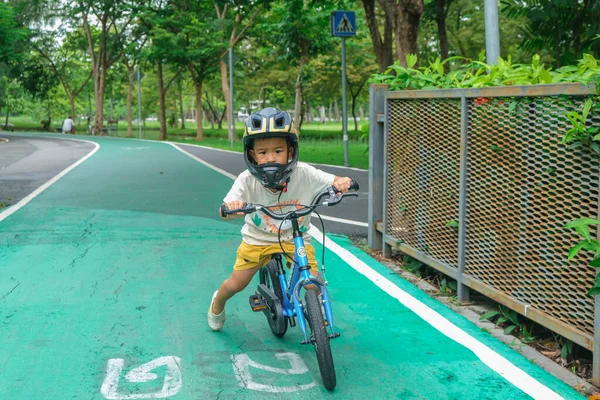 Aziatische Kleuterschool Jongen Praktijk Rijden Fiets Stadspark Boom Bos Outdoor — Stockfoto