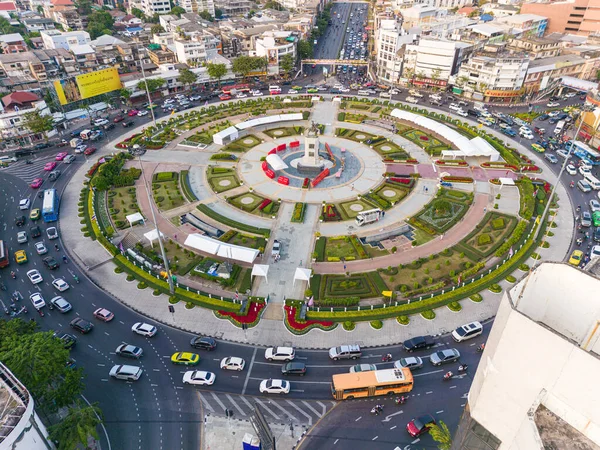 stock image Circula roundabout junction road with car vehicle transport industry aerial view