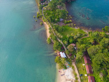 Yeşil ağaçlı, beyaz kumlu, egzotik deniz dalgası plajı yaz arkaplanı.