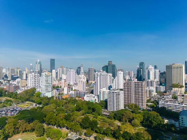 stock image Aerial view city green forest public park with modern office building Benjakitti Park Bangkok Thailand