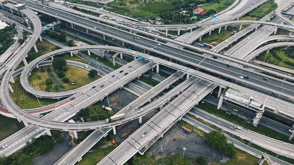 Aerial view city junction road with vehicle movement transport industry