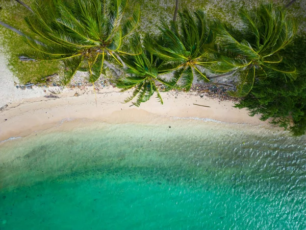 Widok Lotu Ptaka Egzotyczne Morze Fala Plaża Zielonym Drzewem Biały — Zdjęcie stockowe