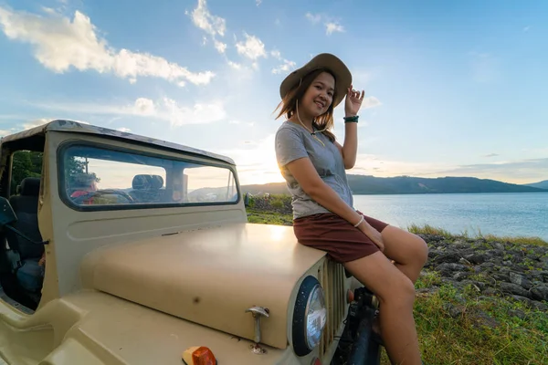 Adventure Woman Travel Forest Camping Old Car Vacation Nature — Stock Photo, Image