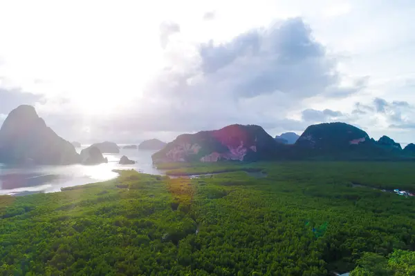 Вид Повітря Зелений Мангровий Ліс Ранковий Схід Сонця Вид Море — стокове фото