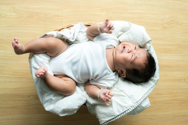 Newborn Baby Boy Lying Blanket Wood Basket Top View Asian — Stock Photo, Image