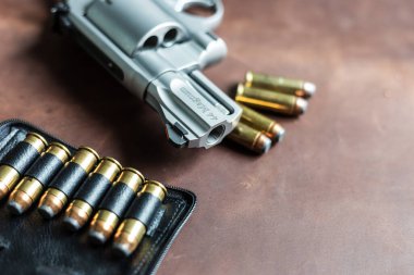 Elde tabanca 44 magnum, deri savunma kavramında kurşun.