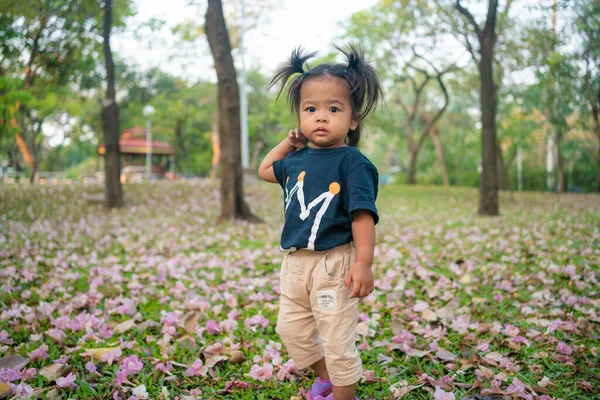 Küçük Sevimli Asyalı Kız Yeşil Çimlerde Yürüyor Halk Parkında Güneş — Stok fotoğraf