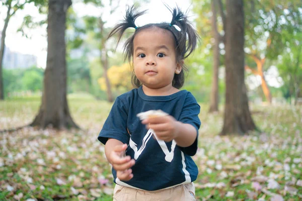 Adorable Petite Fille Asiatique Marchant Sur Herbe Verte Parc Public — Photo