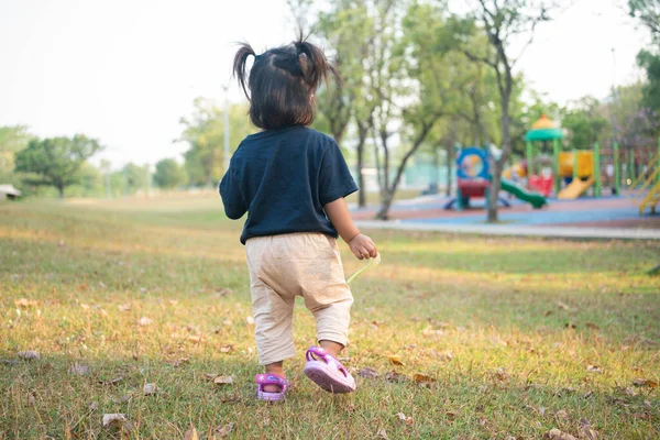 Schattig Klein Aziatisch Meisje Wandelen Groen Gras Openbaar Park Ochtend — Stockfoto