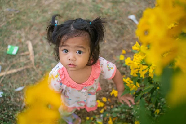 Vacker Asiatisk Småbarn Flicka Leker Med Yelow Blomma Utomhus Park — Stockfoto
