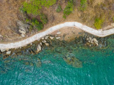 Tropikal orman adası yaz tatili arka planına sahip deniz manzaralı turkuaz su