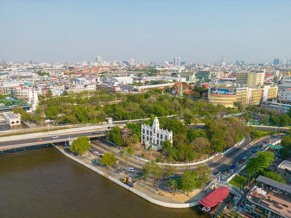 Vista Aérea Ciudad Bangkok Ribera Con Edificio Templo Buddha Tailandia —  Fotos de Stock