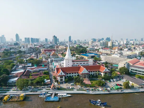 Luchtfoto Stad Bangkok Rivieroever Met Gebouw Boeddha Tempel Thailand — Stockfoto